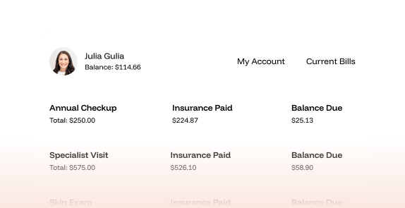 Account summary showing balance and current bills for annual checkup and specialist visit, with insurance paid and balance due amounts.