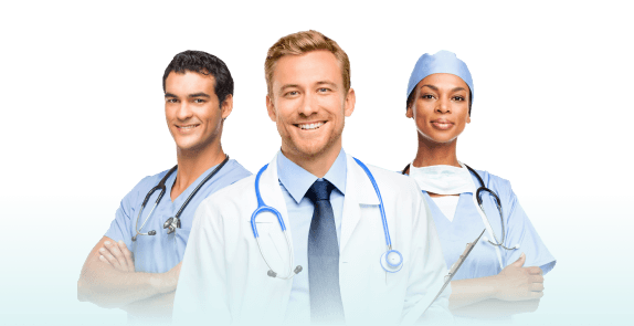 Three healthcare professionals wearing medical attire and stethoscopes.