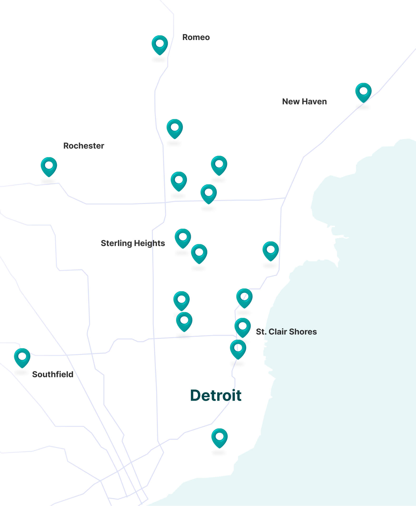 Map of Detroit area with teal location markers for cities including Romeo, New Haven, Rochester, Sterling Heights, St. Clair Shores, and Southfield.